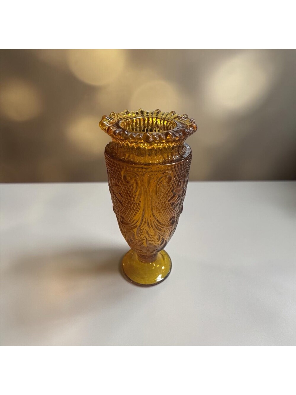 Tiara by Indiana Glass Tooth Pick Holder Bud Vase Amber Sandwich 3.5”H